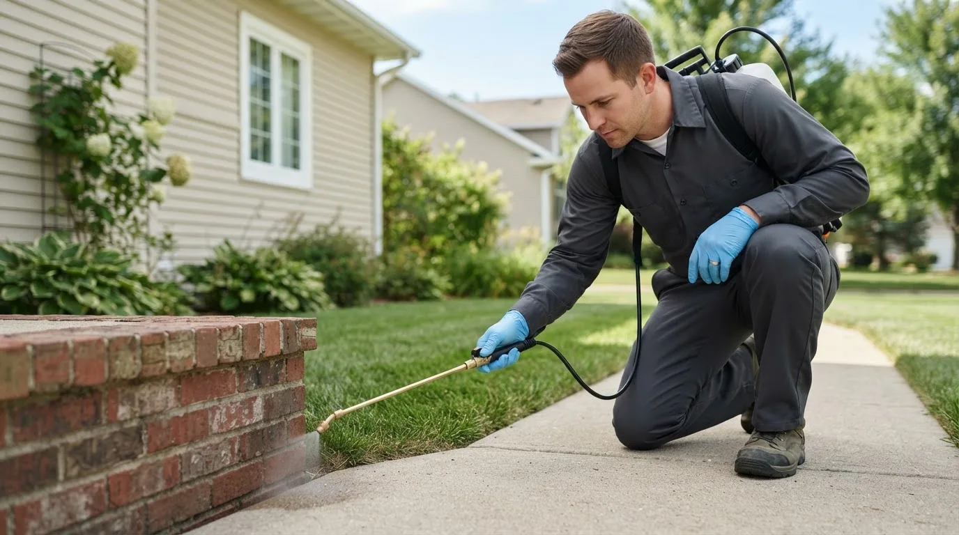 Pest control technician treating a home near Cosmopolis, WA
